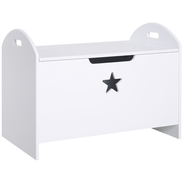 White MDF Children’s Toy Storage Chest With Cut Out Star Front Decor Safe Lift Top Groove Handle Side Carry Cutouts Elevated Base Large Capacity Kids