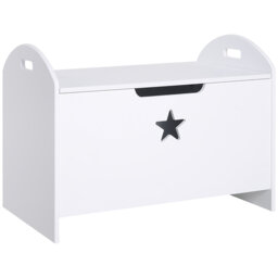 White MDF Children’s Toy Storage Chest With Cut Out Star Front Decor Safe Lift Top Groove Handle Side Carry Cutouts Elevated Base Large Capacity Kids