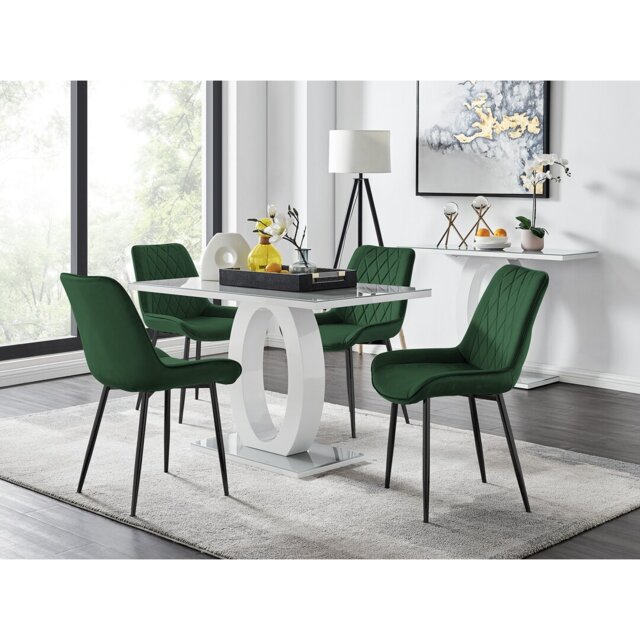 Scottsmoor Modern High Gloss & Glass Dining Set - 4 Luxury Velvet Mid-Century Upholstered Chairs