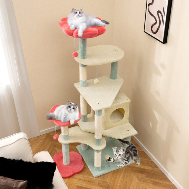 155cm Tall Cat Tree Multi-Level Aesthetic Floral Kitten Tower-Red