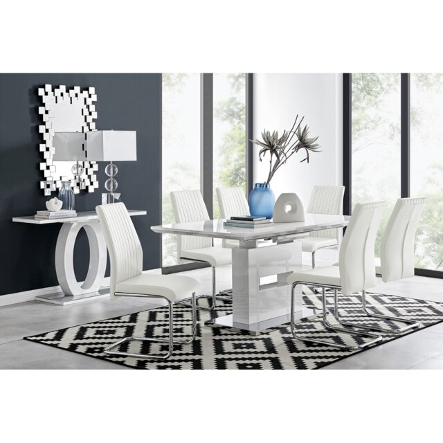 Alezzo Modern High Gloss Extendable Dining Table Set with 6 Upholstered Faux Leather Dining Chairs