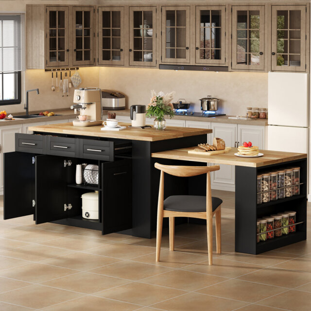 Modern Kitchen Island with Marble-Effect Top & Hidden Extendable Table