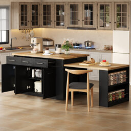 Modern Kitchen Island with Marble-Effect Top & Hidden Extendable Table