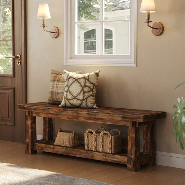 "55"" Solid Wood Entryway Bench with Shoe Storage, Rustic Charred Wood Grain Foyer Bench with Open Shelf for Hallway, Mudroom, Bedroom, Easy Assembly"