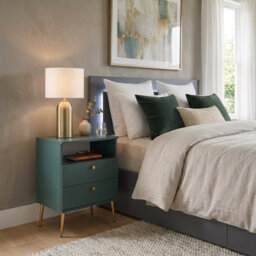 Abbegayle bedside table with a drawer, golden handles and feet