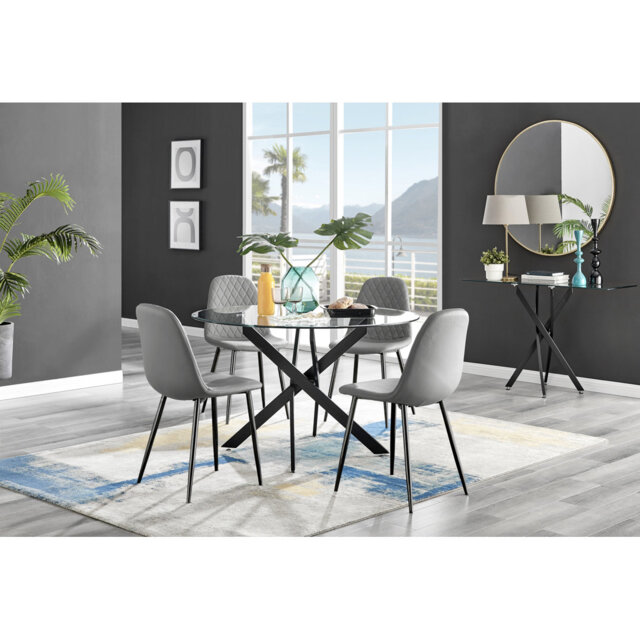 Tierra Modern Chrome Metal & Glass Round Dining Table Set with 4 Luxury Faux Leather Chairs