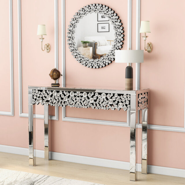 Glam Faux Crystal Bundle 120cm Mirrored Console Table and 45cm Round Crystal Wall Mirror Entryway Decor Set