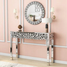 Glam Faux Crystal Bundle 120cm Mirrored Console Table and 45cm Round Crystal Wall Mirror Entryway Decor Set