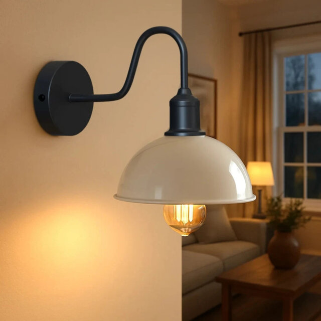 Modern Industrial Vintage Dome Wall Sconce – Fixed Curved Arm Metal Light for Bedroom, Hallway, Living Room, and Office.