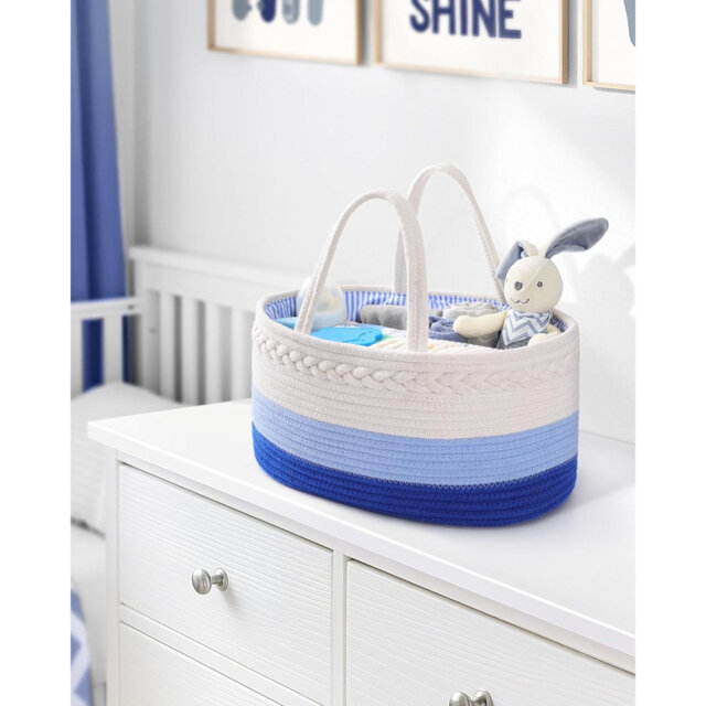 Nappy Caddy, Cotton Rope With Removable Dividers - Portable Baby Nursery Storage For Diapers, Wipes, Creams - Newborn Essentials White&Blue