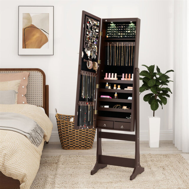 Freestanding Jewelry Armoire Cabinet with Inner LED Lights and 4 Adjustable Tilt Angles