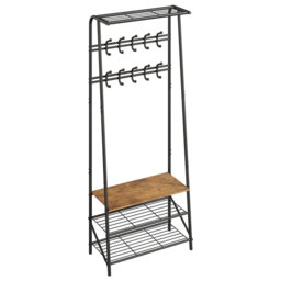 Entryway Hall Tree with Shoe Bench, Double Row Hooks, and Clothes Rail – Wood & Metal Frame, – for Entryway or Bedroom – Double Row Hook 60 Width
