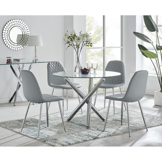 Eubanks Modern Glass And Chrome Round Dining Table Set With 4 Luxury Faux Leather Dining Chairs