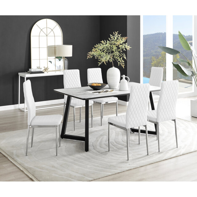 Industrial Design White & Grey Marble Effect Melamine Dining Table Set with 6 Faux Leather Chairs