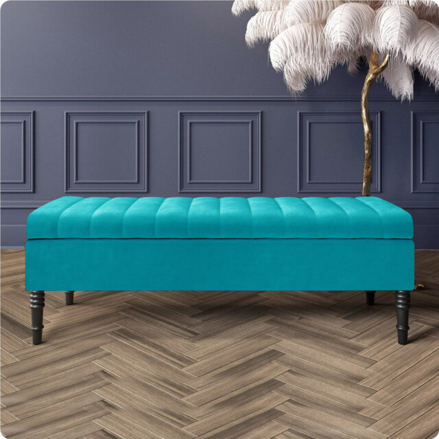 Safar Striped Ottoman Storage Bench – Upholstery Plush Velvet Shoe Bench with Black Turned Wooden Legs