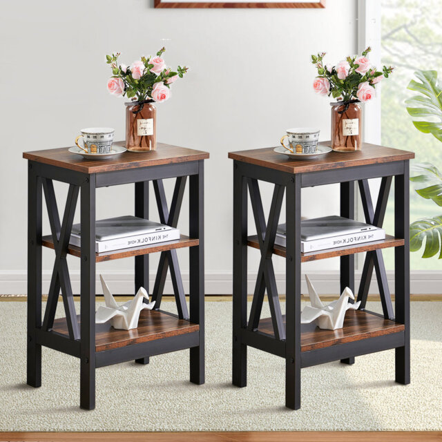 NS Manufactured Wood Bedside Table, Nightstand Sofa Side Table with 3-Tier Storage Shelf for Living Room, Bedroom, Stable Steel Frame, Easy Assembly
