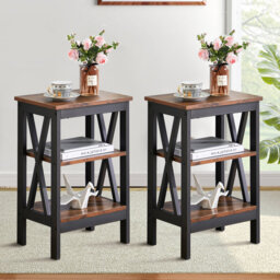 NS Manufactured Wood Bedside Table, Nightstand Sofa Side Table with 3-Tier Storage Shelf for Living Room, Bedroom, Stable Steel Frame, Easy Assembly