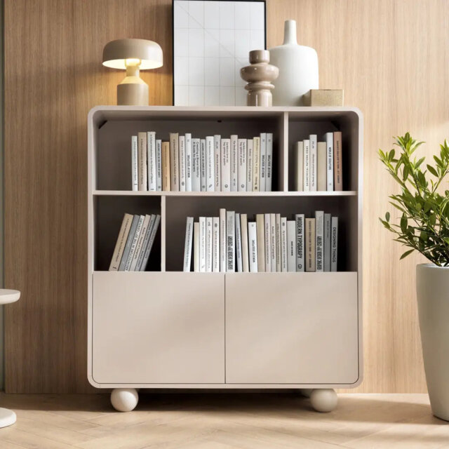 Berthenia Highboard Cabinet 108cm - Cashmere Finish, Push-To-Open Doors, Drawers & Open Display Compartments