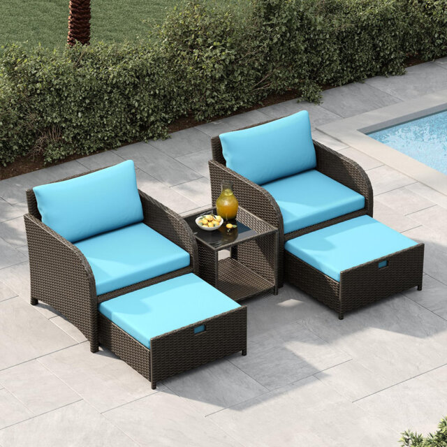 5-Piece PE Wicker Patio Furniture Set, Outdoor Rattan Sofa Conversation Set with Lounge Chairs, Ottomans, Tempered Glass Table, Great for Garden, Back