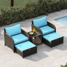 5-Piece PE Wicker Patio Furniture Set, Outdoor Rattan Sofa Conversation Set with Lounge Chairs, Ottomans, Tempered Glass Table, Great for Garden, Back