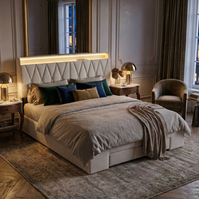 Beige Velvet Storage Bed With 3 Drawers, LED Storage Headboard & USB-C Charging, European Double (140X200cm) & King (160X200cm)