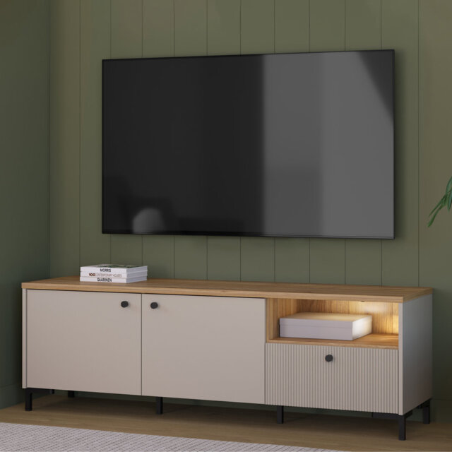Bixbite Wide TV Unit with Fluted Drawer, Open Shelf & Cupboard in Mauvella Oak and Sand