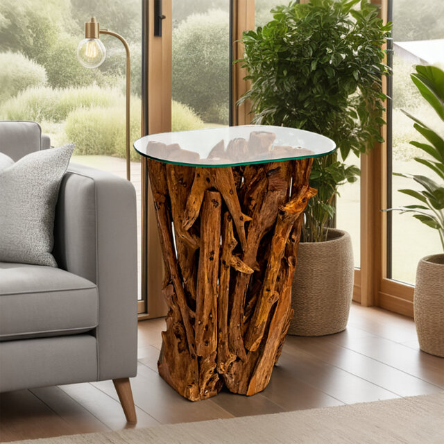Modern Handcrafted Coffee Table Teak Root Wooden Side Table with Tempered Glass For Home And Living
