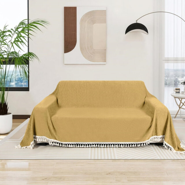 3 Seater Sofa Cover With Tassel For Home Decor, Brown, 180 X 300Cm