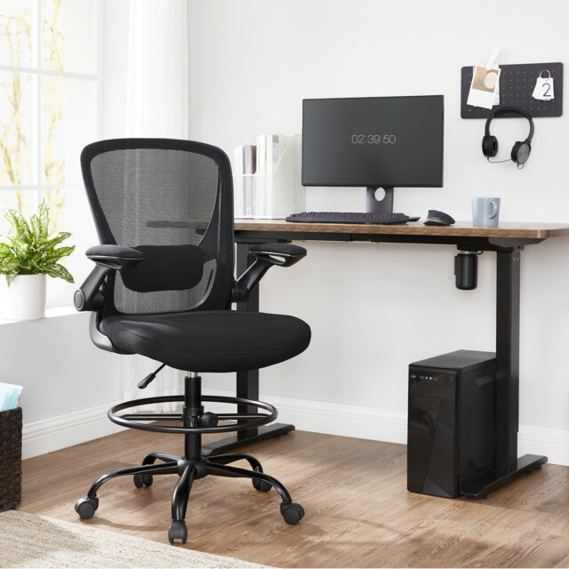 Drafting Chair With Flip-Up Armrests, Mesh Office Chair, Ergonomic Painting Chair With Height Adjustable Lumbar Support And Footrest, For Standing Des