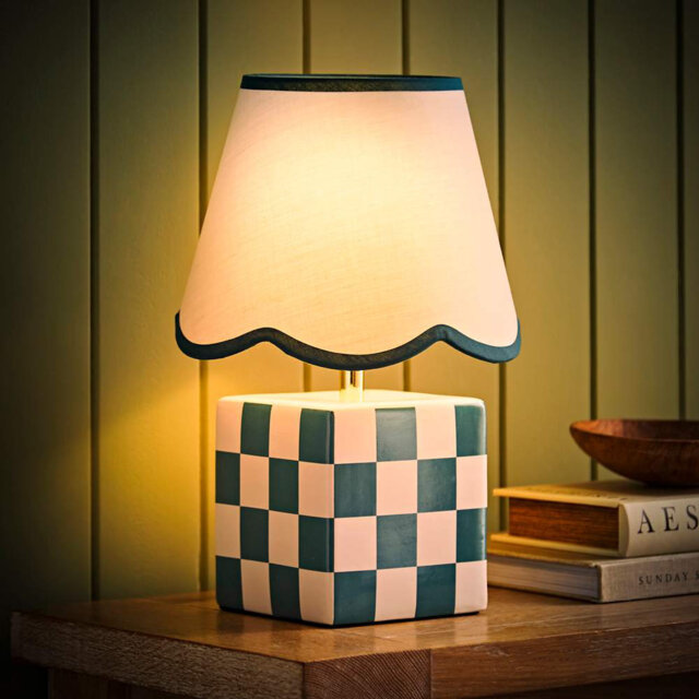 Evie Ceramic Cube Checkered Table Lamp with Sage Green Trim Linen Scallop Lamp Shade