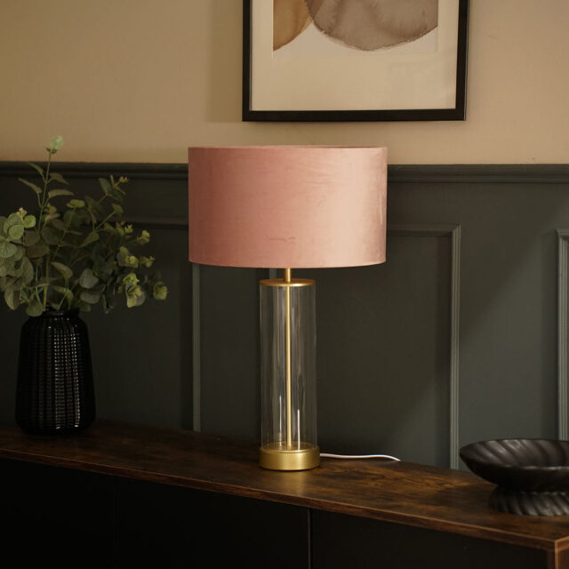 Simonetta Matt Gold and Clear Tube Table Lamp with Blush Velvet Reni Shade and 6W GLS Warm White Bulb