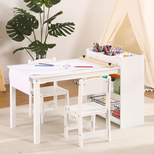 Kids Art Table, Toddler Craft Play Wood Activity Desk with 2 Chairs, Large Storage Shelves, Ideal for Writing & Drawing, Nursery, Classroom