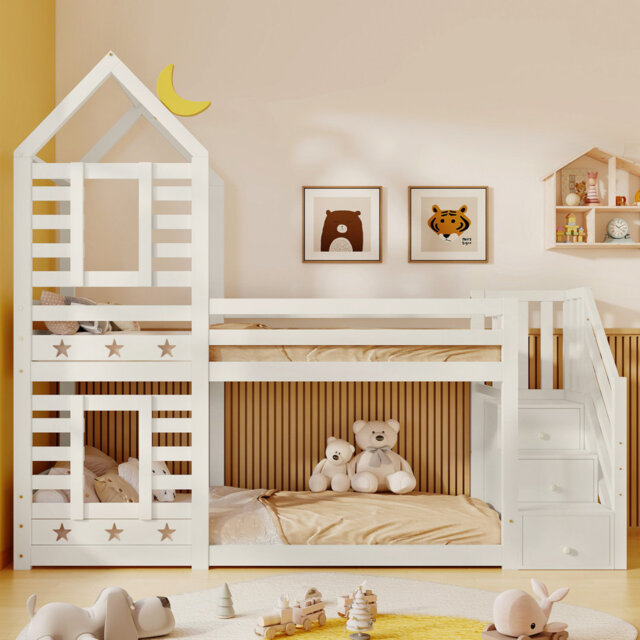 3ft Single White Cabin Bunk Bed With Storage Stairs & Under-bed Drawers, Solid Pine, Window Design, Moon & Stars Decals, 190x90 Cm, No Mattress