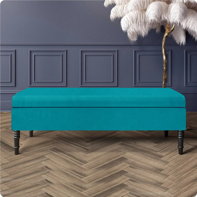 Safar Plain Upholstered Plush Velvet Ottoman Storage Bench with Black Turned Wooden Legs