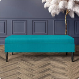Safar Plain Upholstered Plush Velvet Ottoman Storage Bench with Black Turned Wooden Legs