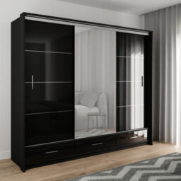 Biddick 255 Black Gloss Sliding Wardrobe - Mirrored Door & LED Illumination
