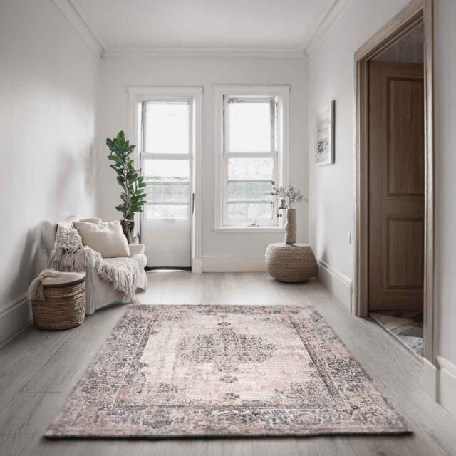 Lorenz Vintage Persian Medallion White & Beige Modern Area Rug Soft Polyester Pile with Cotton Blend Backing Style Carpet