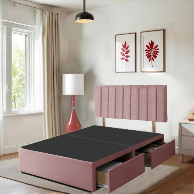 Aheli Pink Plush Divan Bed Set With 26'' Vertical line Headboard & 10'' Spring Foam Mattress & 2 Drawers