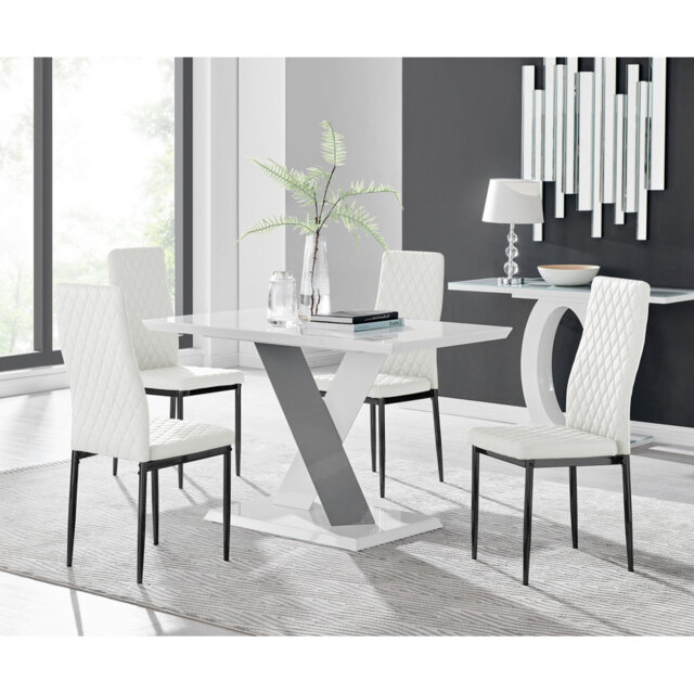 Eubanks Cross High Gloss 4 Seater Dining Table Set with Luxury Faux Leather Dining Chairs