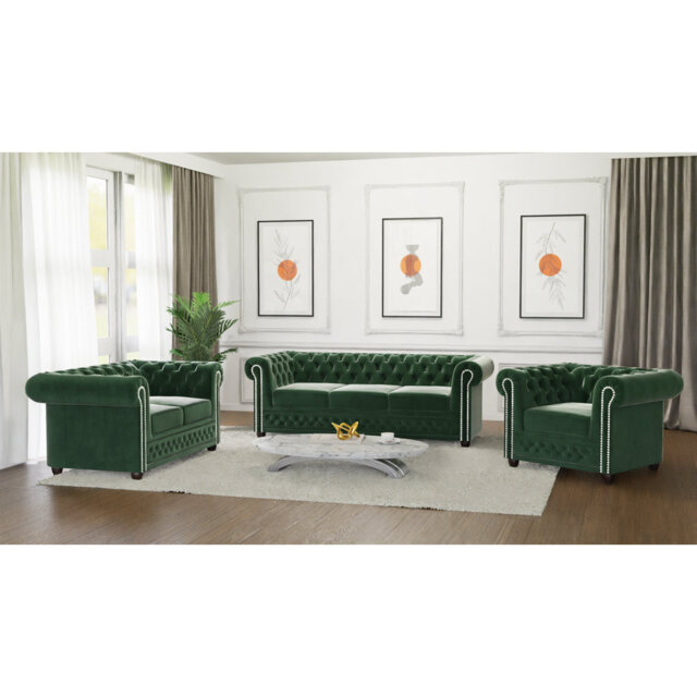 Chesterfield Hanna Sofa Set with Sleeping Function 3+2+1 Made of Velvet Fabric with Solid Wood Legs