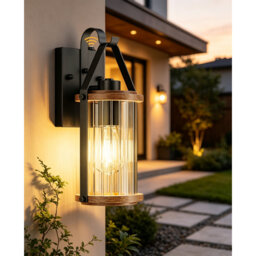 Dusk-to-Dawn Ambient Sensor Outdoor Wall Lantern, Mains-Powered Wood-Effect Glass E27 Porch Light for Garden & Patio [Energy Class B]