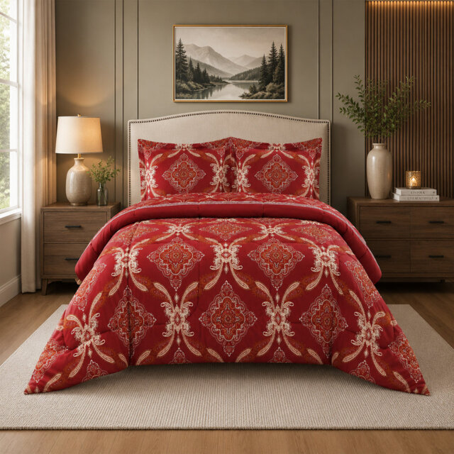 Burgundy Trendy Printed Bedspread Floral Design Quilted with Pillow Shams