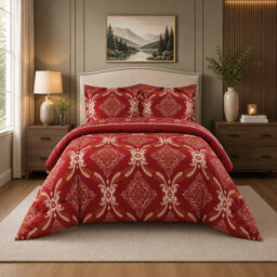 Burgundy Trendy Printed Bedspread Floral Design Quilted with Pillow Shams