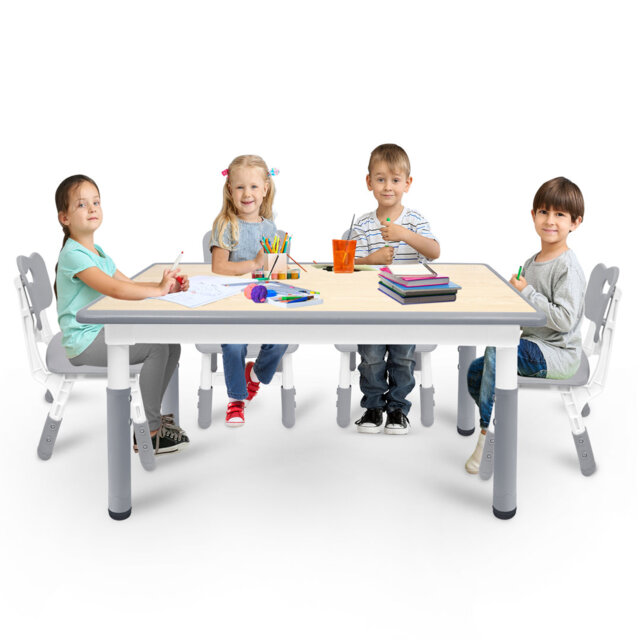 Kids Table and 4 Chairs Set, HDPE Plastic Children's Furniture with Height Adjustable, Toddler Table Set for Classroom, Nursery and Home, Easy to Clea