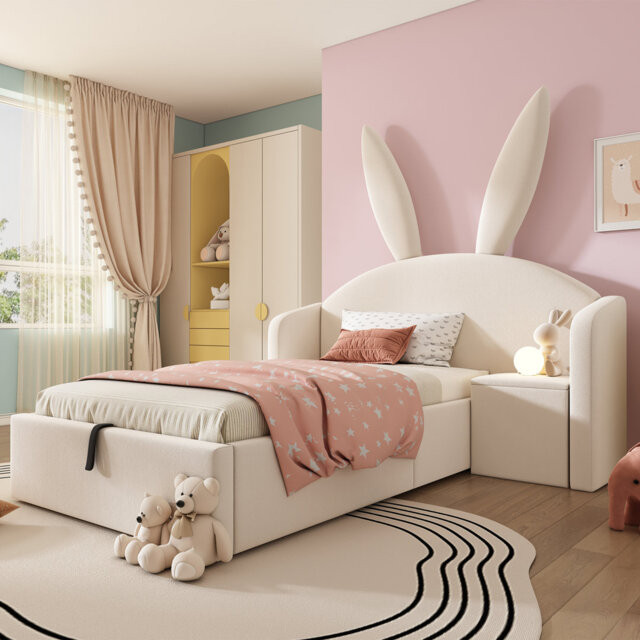 HugBunny Single Kids Bed Frame with Storage and Nightstand, Children beds