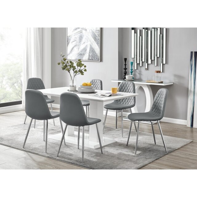 Edzard Double Pedestal High Gloss Dining Table Set with 6 Luxury Faux Leather Dining Chairs