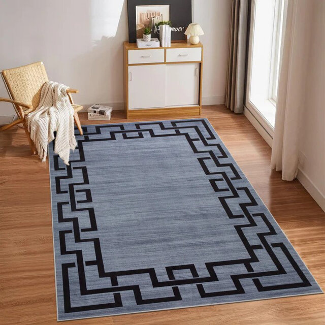 Demetriona Luxury Nico Geometric Area Rug - Modern Low Pile Rug with Black Border Cool Tones & Stain-Resistant