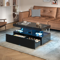 104Cm Modern Coffee Table With 2 Drawers, Glossy Coffee Tables With Storage, Modern Rectangle Side Table For Living Room, White