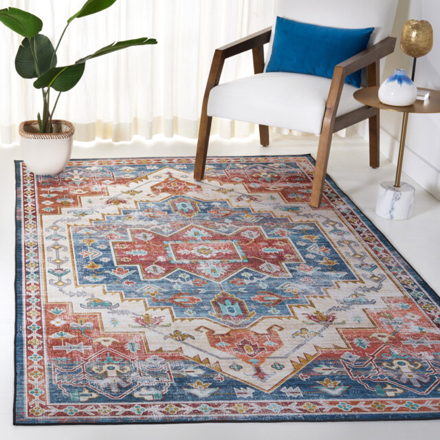 Tucson Vintage Look Machine Washable Non-Slip Area Rug in Rust & Blue