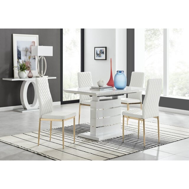 Renne Modern High Gloss Extendable Dining Table Set With 4 Quilted Faux Leather Dining Chairs